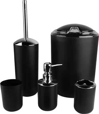 Produktbild von 6-teiliges Badezimmer-Accessoires-Set: Zahnbürstenhalter, Abfalleimer, Seifenspender (Schwarz)