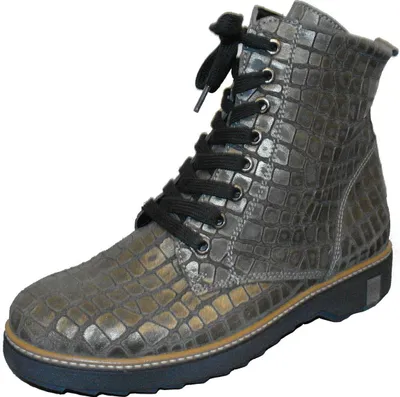 A single gray boot with a crocodile-like texture, shown against a white background.