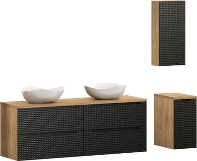 Produktbild von Badmöbel Set 4-teilig mit 160 cm Waschtisch in Eiche mit schwarz, LONDON-56-BLACK