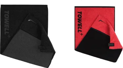 Produktbild von Stryve | Towell + | Sporthandtuch mit integrierter Tasche und Magnetclip | bekannt aus Die Höhle der Löwen | 2er Set in All Black und Rot