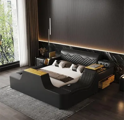 Zdjęcie produktu dla Doppel Luxus Leder Bett Massage Polster Betten Moderne Hotel bluetooth