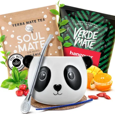 Produktbild von Cebador - Mate Tee Set Proben 2x 50g - Keramik Mate Becher Panda 350ml, Bombilla Mercedes - Inkl. Soul Mate Bio, Verde Mate Green