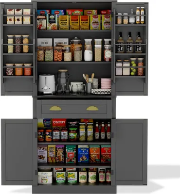 Produktbild von Aufbewahrungsschrank, 4 Türen und 1 Schublade, 2 Türen mit Ablageflächen, 6 Staufächer und 4 verstellbare Ablageflächen, geeignet für Küche, Esszimmer,