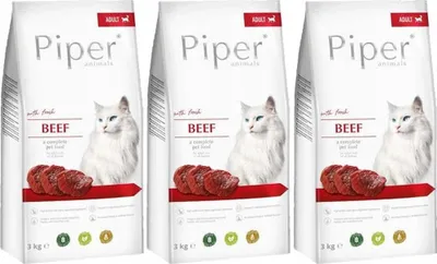 Three bags of cat food are displayed side-by-side against a white background.