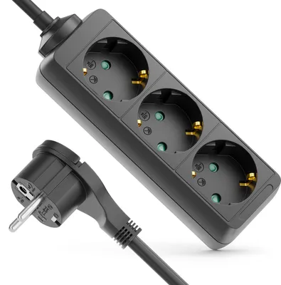 A black power strip with three outlets and a black plug is shown against a white background.