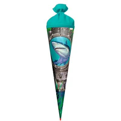 Produktbild von ROTH Schultüte groß Hai 70 cm Folieneffekt rund Rot(h)-Spitze Filzverschluss Zuckertüte Schulanfang