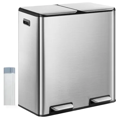 Image de Poubelle de 60 litres avec pédale et deux bacs en acier inoxydable