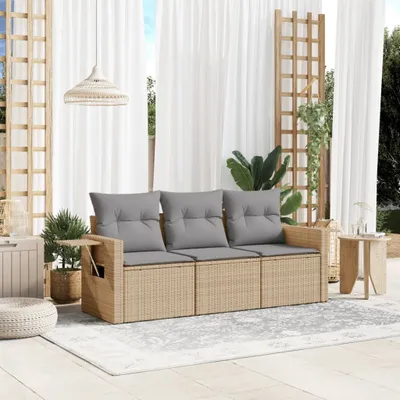 Produktbild von Design 3-tlg. Garten-Sofagarnitur mit Kissen Beige Poly Rattan, Gartenmöbel-Sets 2024 Neu