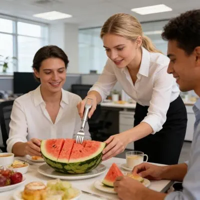 Produktbild von Wassermelonenschneider aus Edelstahl – Küchenhelfer zum Schneiden und Servieren von Obst | multifunktionaler Obstschneider mit Griff für Camping, Picknick, Zuhause, Küche, Restaurant und Café