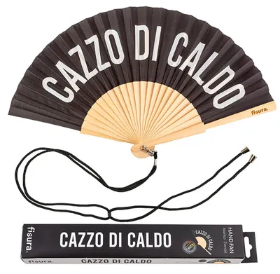 Productafbeelding van FISURA - Oorspronkelijke handventilatoren met een boodschap: "c*zzo di caldo". Moderne en grappige houten ventilatoren. Zwarte en witte ventilatoren. Afmetingen: 42,5 x 23 cm. Hout