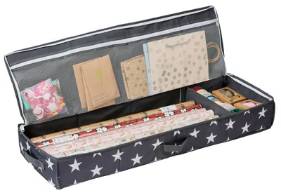 Productafbeelding van LOVE IT STORE IT Tas voor cadeaupapier – Hoogwaardige organizer voor cadeaupapier – Met compartimenten voor cadeauverpakkingen – Grijs met sterren – 90x30x12 cm