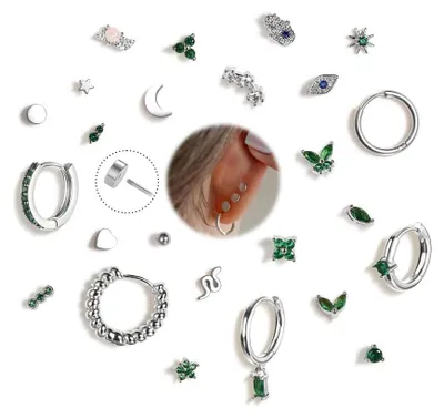 Produktbild von SDFWGG Creolen Ohrstecker Set Damen Mond Stern Schmetterling Klein Creolen Ohrringe Tragus Helix Piercings Ohrschmuck Ohrstecker Set für Mehrere Ohrlöcher (Silber)