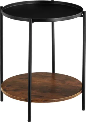 A two-tiered round side table with a black top and a wood-effect bottom shelf, set against a white background.