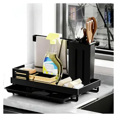 Produktbild von Küchen Organizer mit Abflusspfanne, Multifunktionaler Spülbecken Organizer für Küchenzubehör (Schwarz)
