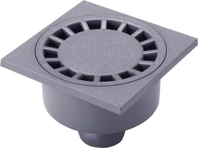 A square floor drain with a circular grate is shown against a white background.