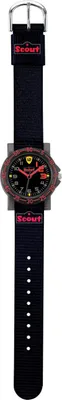 A watch with a black strap and a red and black face.