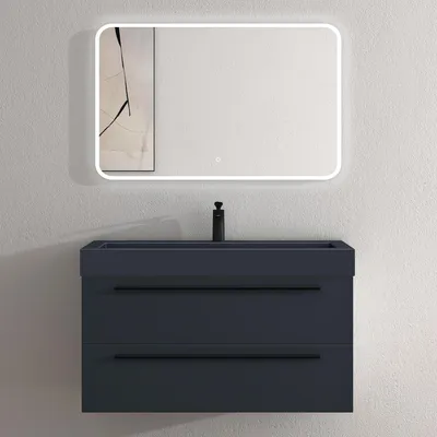 Produktbild von doporro Badmöbel-Set Waschbeckenunterschrank mit Soft-Close in Matt Anthrazit 100x48x60cm Waschplatz komplett Set inkl. Mineralguss-Waschbecken in matt Anthrazit und Led-spiegel Quadratto