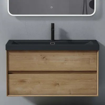 Image de doporro Meuble de Salle de Bains Marron Clair Ensemble de 2 Pièces Meuble avec Lavabo Meuble sous-lavabo Suspendu 100cm avec Soft-close Design Rimo