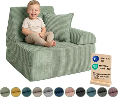 Obrázek produktu pro Pillows24 – Hrací pohovka pro děti z manšestru | Dětské křeslo s pratelným potahem | Dětská pohovka do herny – Vyrobeno v EU, zelená