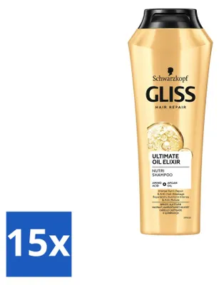 Zdjęcie produktu dla 15 sztuk szamponu Gliss Kur Ultimate Oil Elixir, pojemność 250 ml - zestaw ekonomiczny