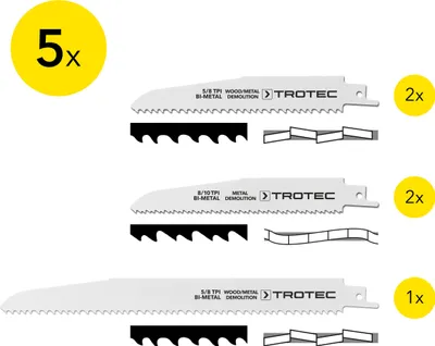Produktbild von TROTEC Säbelsägeblätter-Set Holz/Metall, 5-teilig
