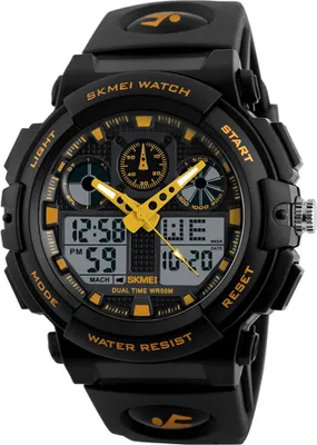 A black and gold digital and analog watch.