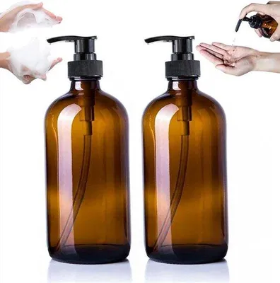 Image de 2 bouteilles en verre brunes de 500 ml, pompes pour distributeurs de savon, distributeurs de savon liquide