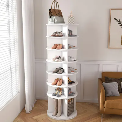 Productafbeelding van Schoenenrek, 60 x 60 x 184 cm, 7 niveaus, 360° draaibaar, vrijstaand, geschikt voor maximaal 28 paar schoenen, verhoogde voet voor laarzen, PVC, wit