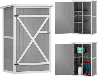 Zdjęcie produktu dla Drewniana szopa ogrodowa Outsunny, odporna na warunki atmosferyczne, szopa na narzędzia 75x56x115 cm, szopa na narzędzia z drzwiami, półkami, szafką na narzędzia, szafka na narzędzia ogrodowe, na patio, podwórko, trawnik, szara