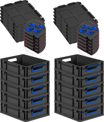 Produktbild von SparSet 10x Eurobox NextGen Color mit Auflagedeckel und Schiebeschnappverschlüsse | HxBxT 12x30x40cm | 11 Liter | Schwarz | Griffe blau offen | Eurobehälter, Transportbox, Transportbehälter, Stapelbehälter