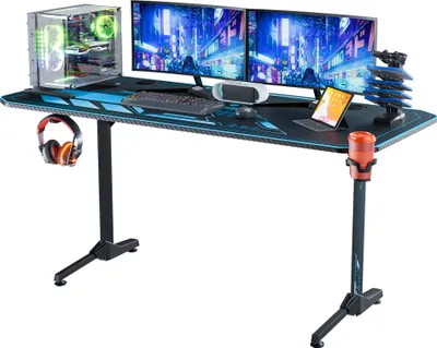 Produktbild von Biurko gamingowe 160 cm, ergonomiczne biurko komputerowe w kształcie litery T z dużą podkładką pod mysz, drewniane biurko 160x75x75 cm, z uchwytem na kubek, haczykiem na słuchawki, ramą uchwytu do gier, otworami do prowadzenia kabli