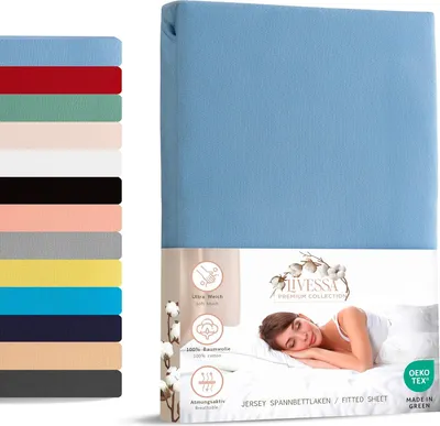 A fitted sheet is shown folded on the right side of the image, with a collage of product features and a woman sleeping on a bed on the left.