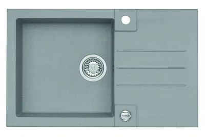 A top-down view of a gray granite kitchen sink with a drain and a drying rack area.