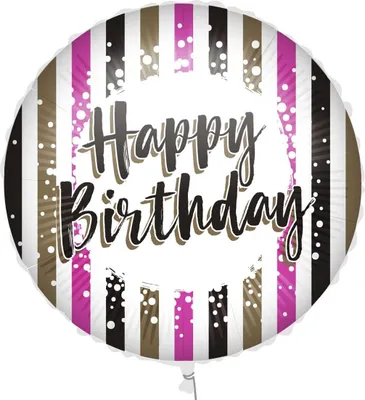 Productafbeelding van Folieballon + gewicht, tekst: "HAPPY BIRTHDAY", gestreept, 45 cm