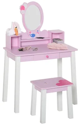 Immagine prodotto di Toeletta per Bambine 3+ Anni in Legno, Set Tavolo da Trucco Giocattolo con Specchio e Sgabello, Rosa