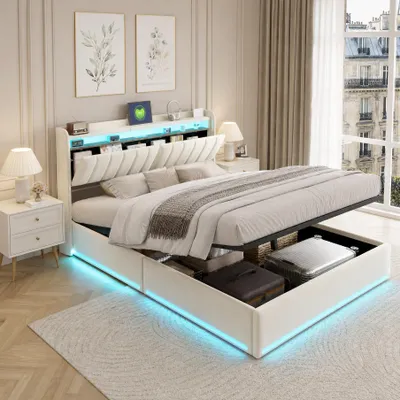 Obrázok produktu pre INONEFT Hydraulická posteľ 160 x 200 cm, čalúnená posteľ s USB portom a LED osvetlením, posteľ pre mládež, dvojlôžková posteľ s úložným priestorom a roštom, posteľ pre dospelých, zamat, béžová