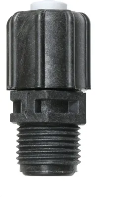 A close-up studio shot of a black plastic dosing valve with a white cap, isolated on a white background.