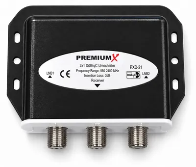 Produktbild von PremiumX PXD-21 DiSEqC Schalter 2/1 Umschalter 2.0 mit Wetterschutzgehäuse Full HD HDTV 3D