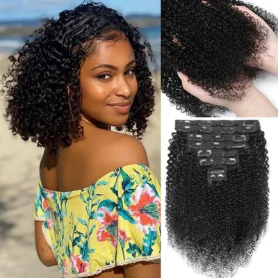 Image de Extensions de cheveux à clipser, cheveux naturels, bouclés et crépus, 12 pouces (30 cm), 120g, 8 pièces, couleur noire naturelle
