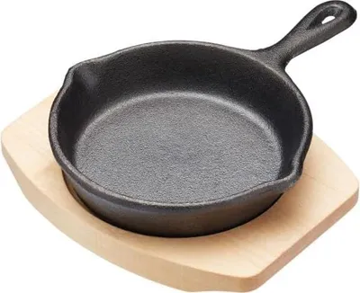 Obrázek produktu pro Mini pánev s deskou z jasanového dřeva - litina - ideální pro malé pokrmy - 1 sada - 16 x 11,5 cm