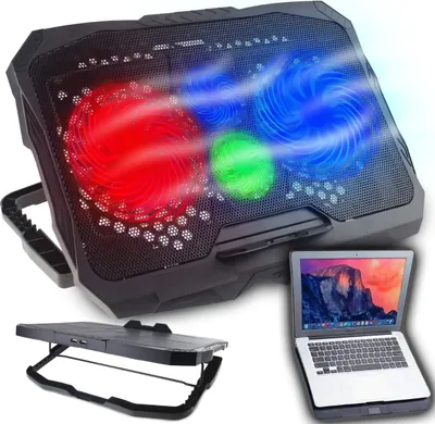 Produktbild von Retoo Laptop Kühler, 4 Lüfter, für 12-17 Zoll Laptops & Gaming-Konsolen, mit LED-Beleuchtung (3 Modi), 2 USB-Anschlüsse, USB-betrieben, Schwarz, aus Kunststoff & Metall, 390x280x30mm, Gaming-Design, 15dB, ER1168