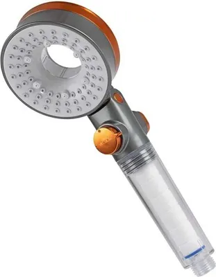 A close-up studio shot of a shower head with a filter system.