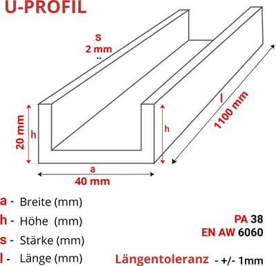 Produktbild von ALUMINIUM U-PROFIL 20x40x20x2 mm 110 cm ALUMINIUM PA38 + ZUSCHNITT NACH MASS