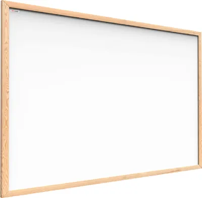 A whiteboard with a natural wood frame, shown from a slight angle against a white background.