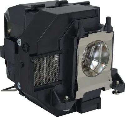 A black and silver projector lamp module is shown against a white background.