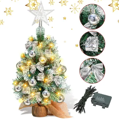 Productafbeelding van Eikuavons Mini kerstboom, 40 cm, zilverkleurige kunstboom met 30 LED-lampjes op batterijen en een houten voet, ideaal voor de kerst