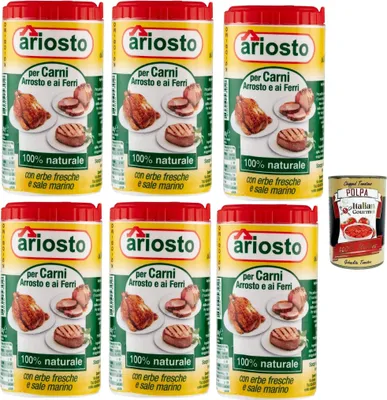 Produktbild von Ariosto Gewürz für Fleisch Braten & Grillen 6×80g – 100% natürlich mit Meersalz & Kräutern, italienische Würzmischung für Ofen Grill Pfanne + Italian Gourmet polpa