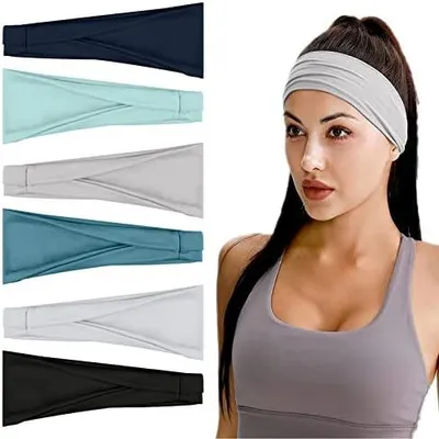 Produktbild von 4/6 PCS Sports Damen Stirnband, Baumwollstretch Schweißband Mischfarben, Wicking Stretchy Stirnband für Frauen Sport/Yoga/Laufen/Fitness