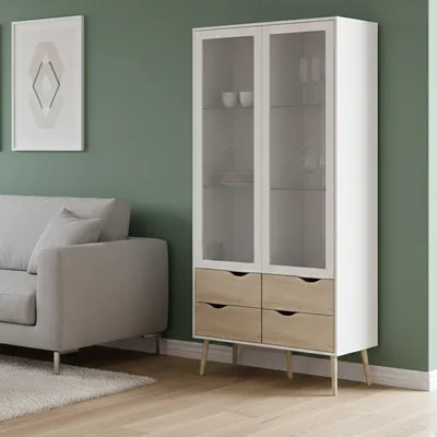 Produktbild von Vitrine Amedeo, Glas-Sideboard, Mehrzweckvitrine, Hängendes Bücherregal mit Glastüren, 98x39 h200 cm, Weiß und Eiche