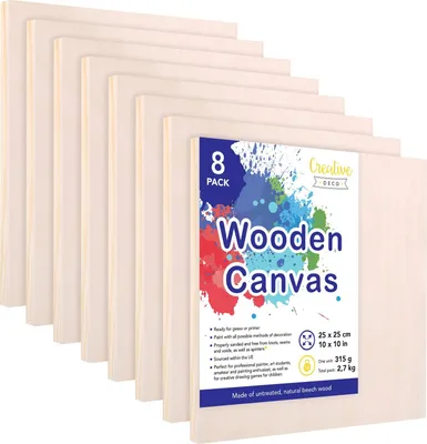 Obrázok produktu pre Creative Deco Drevené Plátno na Maľovanie 25 x 25 cm 8-Pack | Sada Drevených Podkladov na Maľovanie | Hrúbka 1,7 cm | Maliarska Doska pre Profesionálov a Hobby Maliarov | Podklady na Maľovanie Umeleckých Projektov, Dekorácií, Obrazov